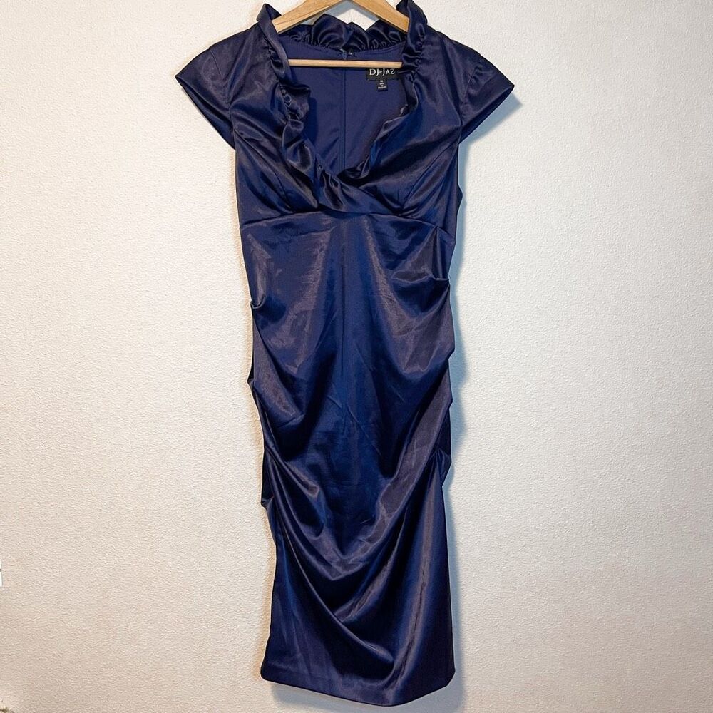 Vintage Y2K DJ-JAZ Navy Ruffle V-Neck Dress Size 14